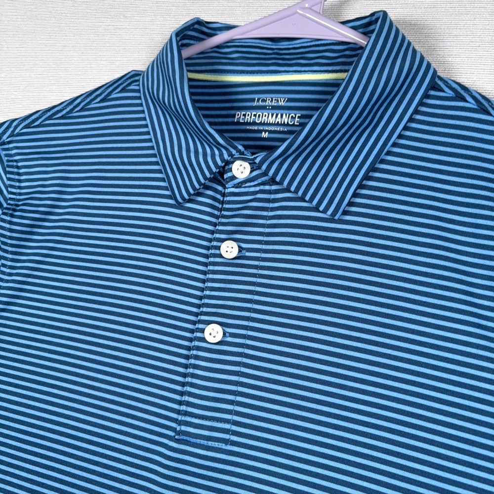 J Crew Performance Polo Shirt Mens Size M Blue Striped Poly Stretch Short Sleeve